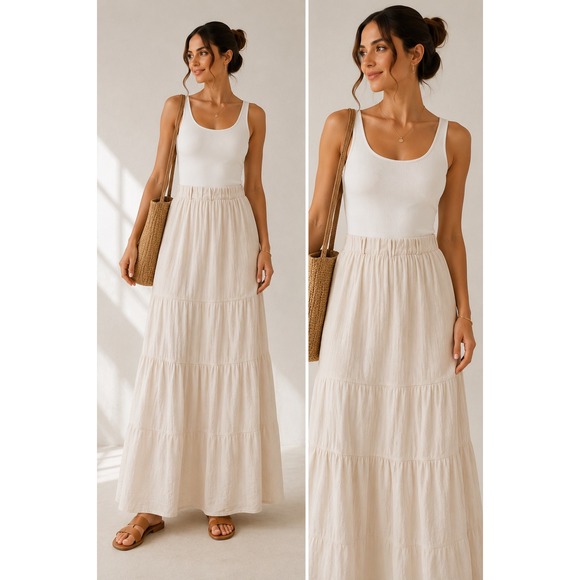 Haute Monde Dresses & Skirts - Haute Monde Tiered Maxi Skirt Womens L Cream Gauze Rayon Boho Flowy Lined Resort